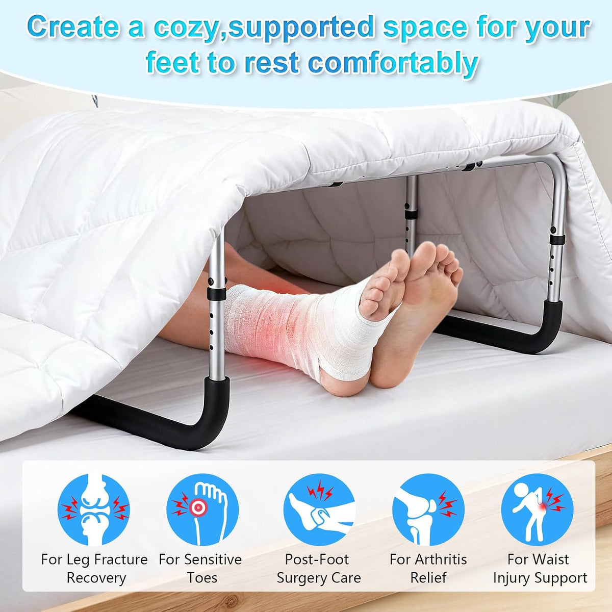 Blanket Lifter for Feet, Non-Slip Blanket Lifters for Foot of Bed, Adjustable Height with 4 Clips, Aluminum Bed Cradle for Feet Legs Ankles, Sleep Comfort & Surgery Recovery - Easy Assembly