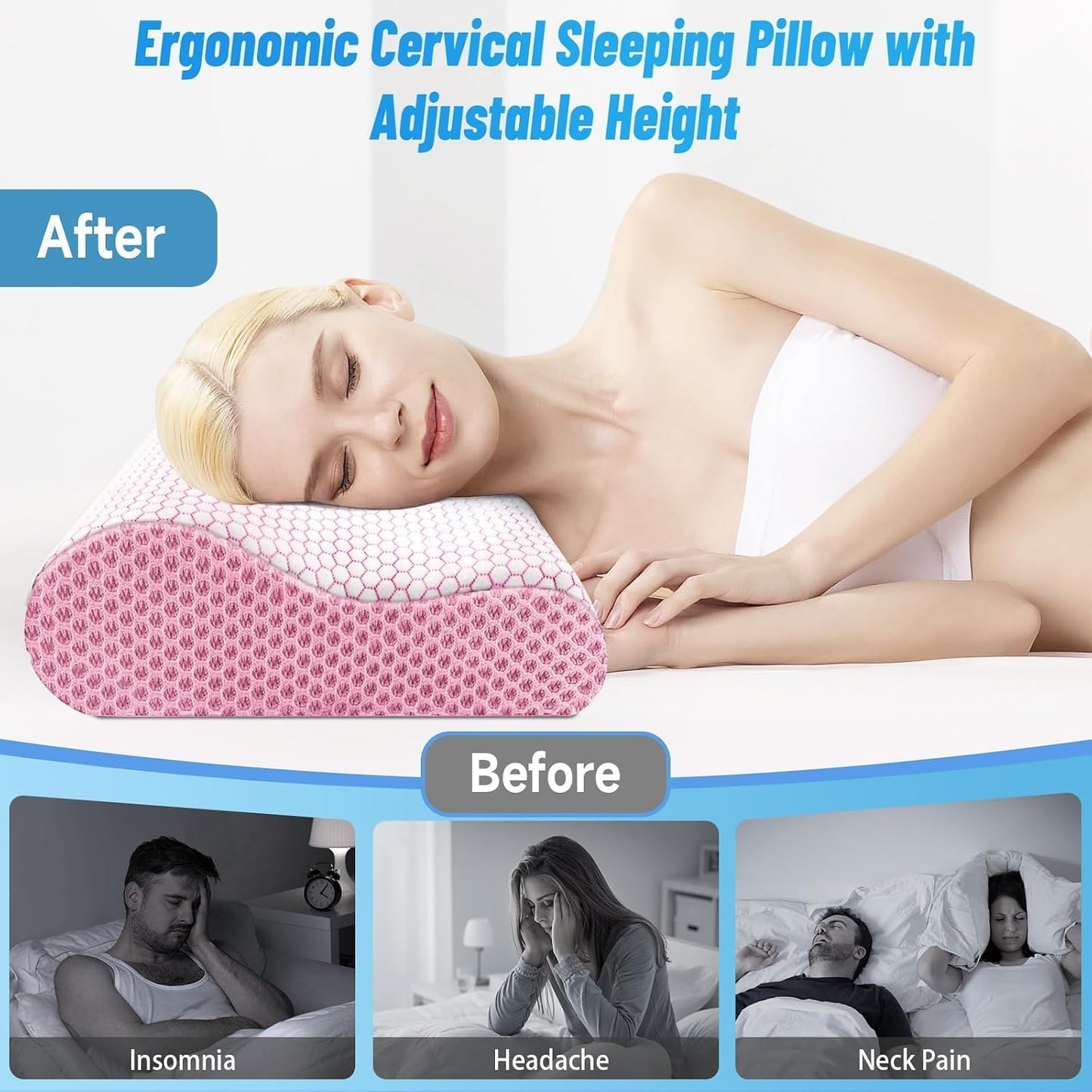Neck Pillow for Sleeping, Ergonomic Cervical Bed Pillow, Blue Standard Size | Memory Foam Bed Pillow for Side Back Stomach Sleepers, Contour Fit Neck Pillow for Sleeping and Neck Pain Relief