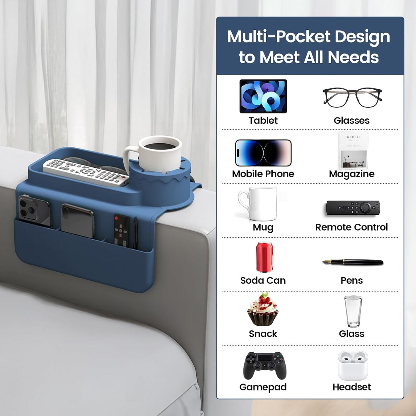 Couch Cup Holder Tray, Silicone Sofa Armrest organizer with Side Pockets for Storage Remotes, Cell-phone,Tablet or Snack, Anti-Spill and Anti-Slip Sofa Arm Tray for Recliner, Armchair Caddy (Blue)