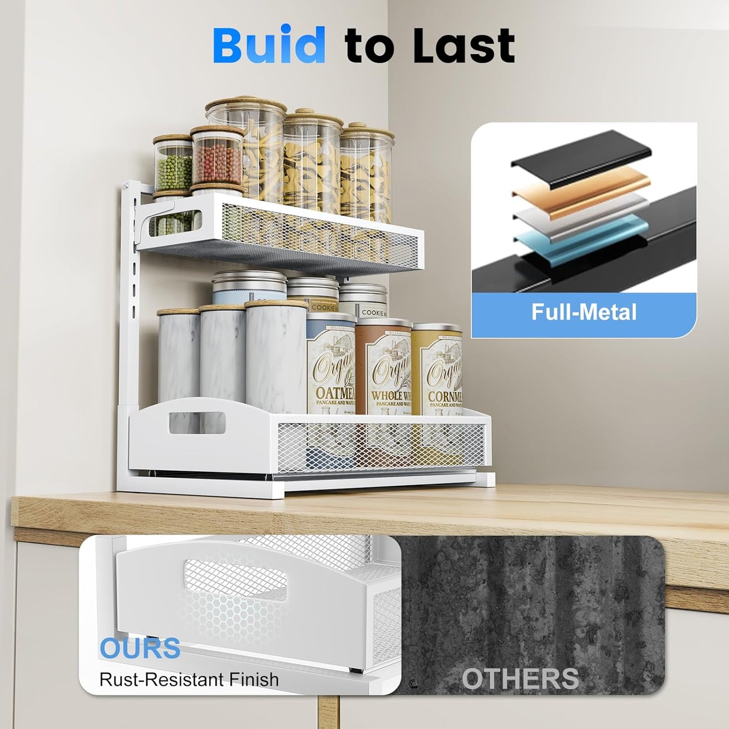 Petiza Under Sink Organizer Adjustable Height 2 Tier Bathroom Organizer Pull Out Cabinet Organer kitchen organizers and storage fridge organizers and storage,White,XL-1 Pack
