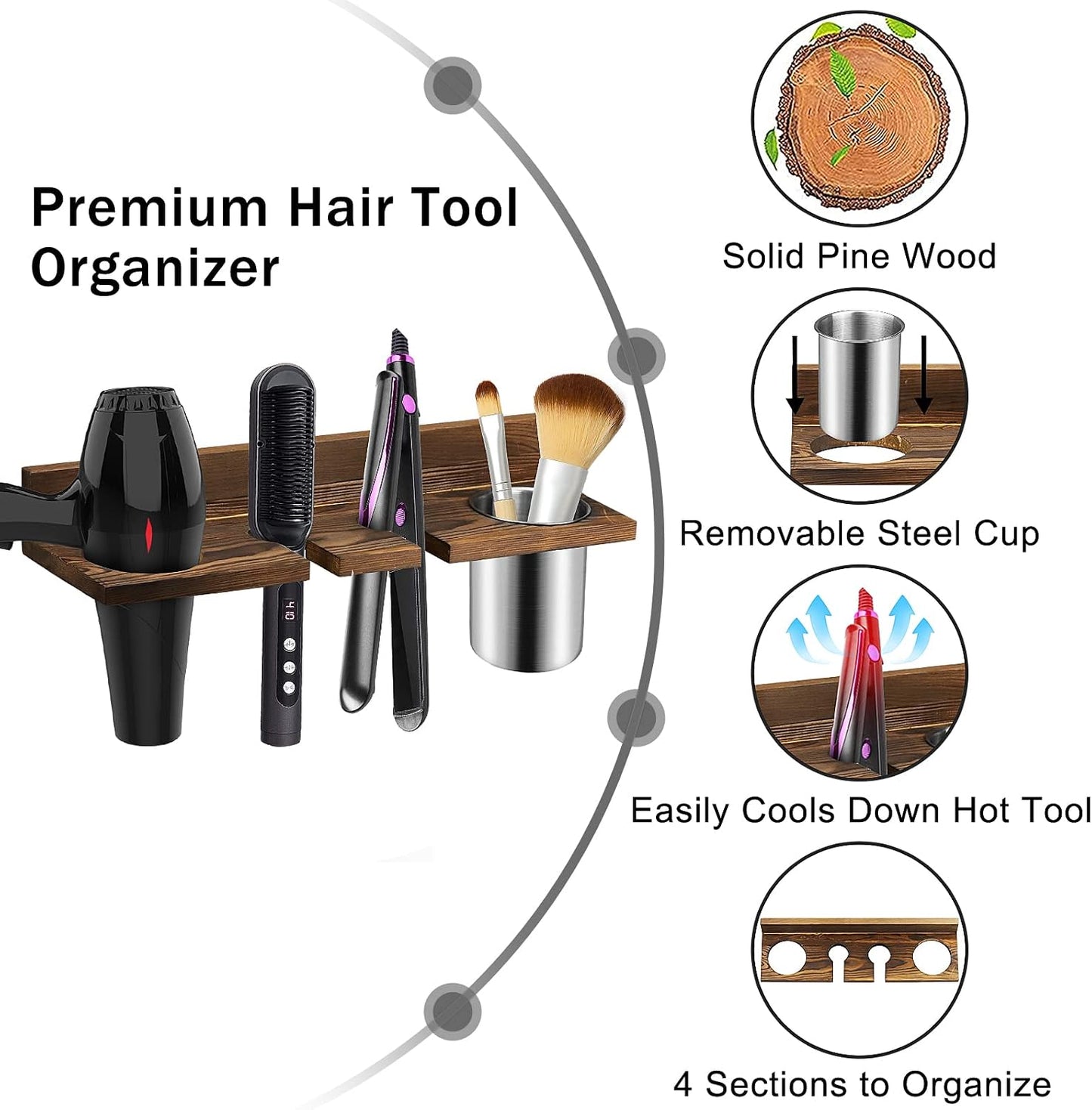 Hair Tool Organizer Wall Mounted - Wooden Dryer Holder, Blow Dryer Holder for Bathroom, Rustic Styling Tools Organizer for Flat Iron, Curling Wand, Hair Straighteners, Brushes, Black