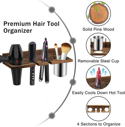 Hair Tool Organizer Wall Mounted - Wooden Dryer Holder, Blow Dryer Holder for Bathroom, Rustic Styling Tools Organizer for Flat Iron, Curling Wand, Hair Straighteners, Brushes, Black