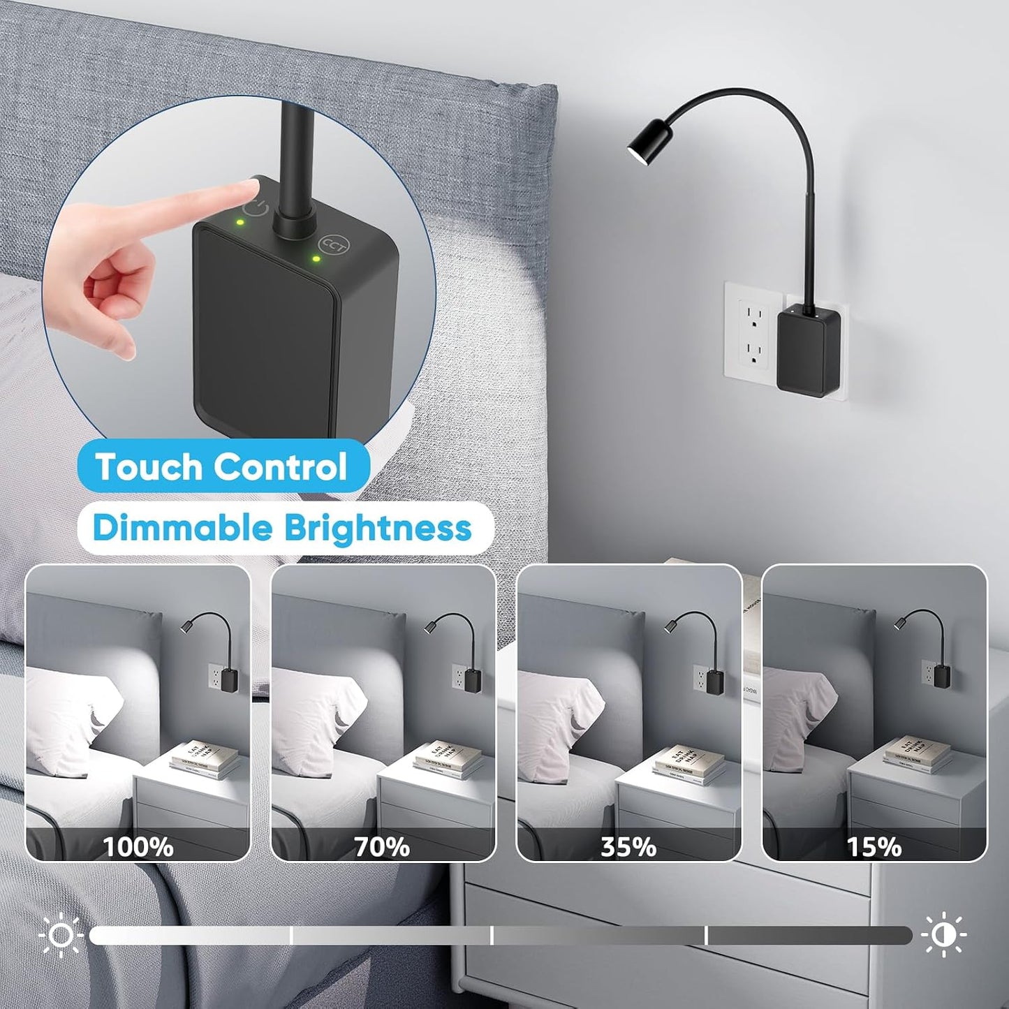 Plug in LED Book Reading Spot Light, White Dimmable Wall Sconce Lamp with Power Plug and Outlet Extender for Kitchen Bedroom Living Room, 3 Lighting Colors, USB Output Charging Ports
