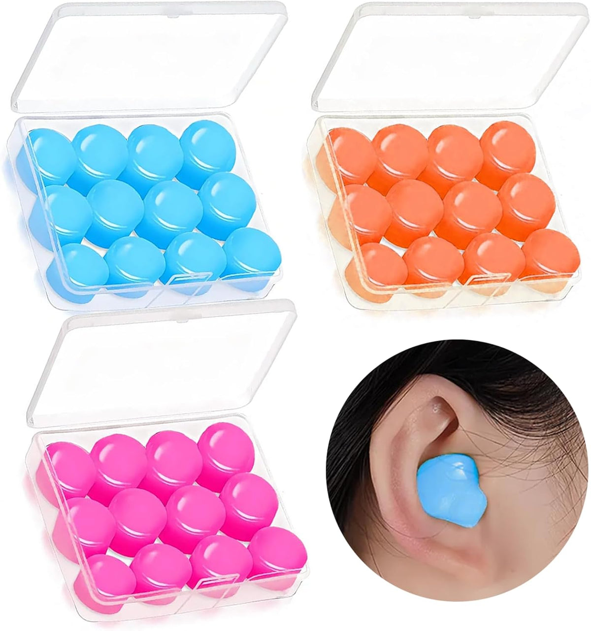 18 Pairs Reusable Silicone Ear Plugs Sleeping Moldable Soft Noise Cancelling Earplugs Sound Blocking Ear Plugs for Swimming, Travel, Snoring, Concerts(Blue, Orange, Rose Red)