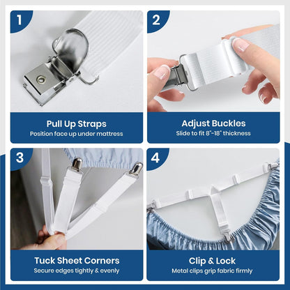 FeelAtHome Adjustable Bed Sheet Clips & Corner Fasteners, 4 Pack, White | Heavy Duty Elastic Straps Keep Fitted Sheets Securely in Place. Ideal Corner Holders for Twin, Queen, King, RV & Bunk Beds