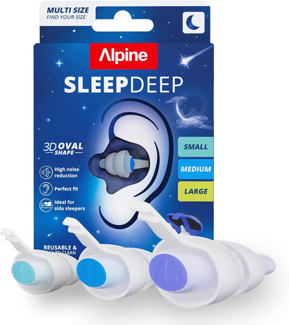 Alpine SleepDeep Soft Ear Plugs for Sleeping | Earplugs for Side Sleepers | Multi-Size Pack (S, M, L) | 27dB SNR Noise Reducing | Snoring, Silicone-Free & Travel Essentials | Airplane Essentials