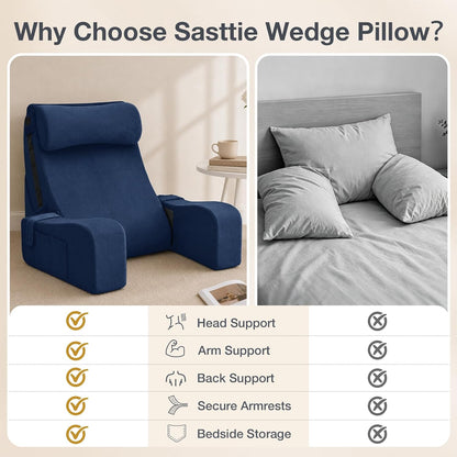 Sasttie 15-25 inch Adjustable Reading Pillow with Armrests, Dark Grey | Back Rest Pillow with Secure Side Straps, Memory Foam Back Support Cushion Bed Chair for Reading, Gaming & Relaxing