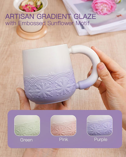 ZENS Tea Mug with Infuser and Lid for Loose Tea Diffusers, 12oz Purple | Embossed Ceramic Tea Cup with Infuser for Herbal Tea Steeper, Tea Lovers Gifts, Japandi Style Sunflower