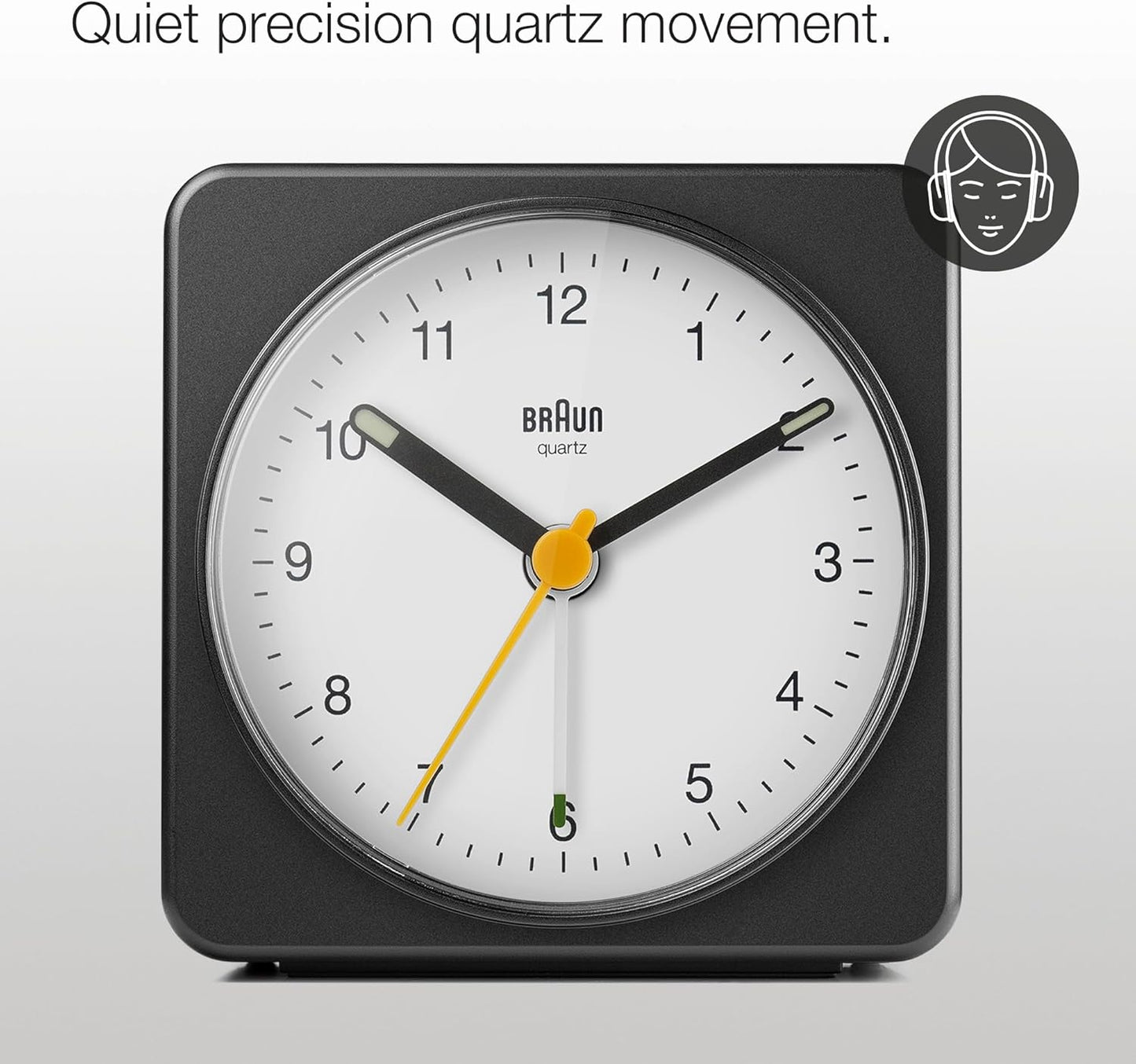 Braun Classic Analogue Alarm Clock with Snooze and Light, Quiet Quartz Sweeping Movement, Crescendo Beep Alarm in White, Model BC03W.