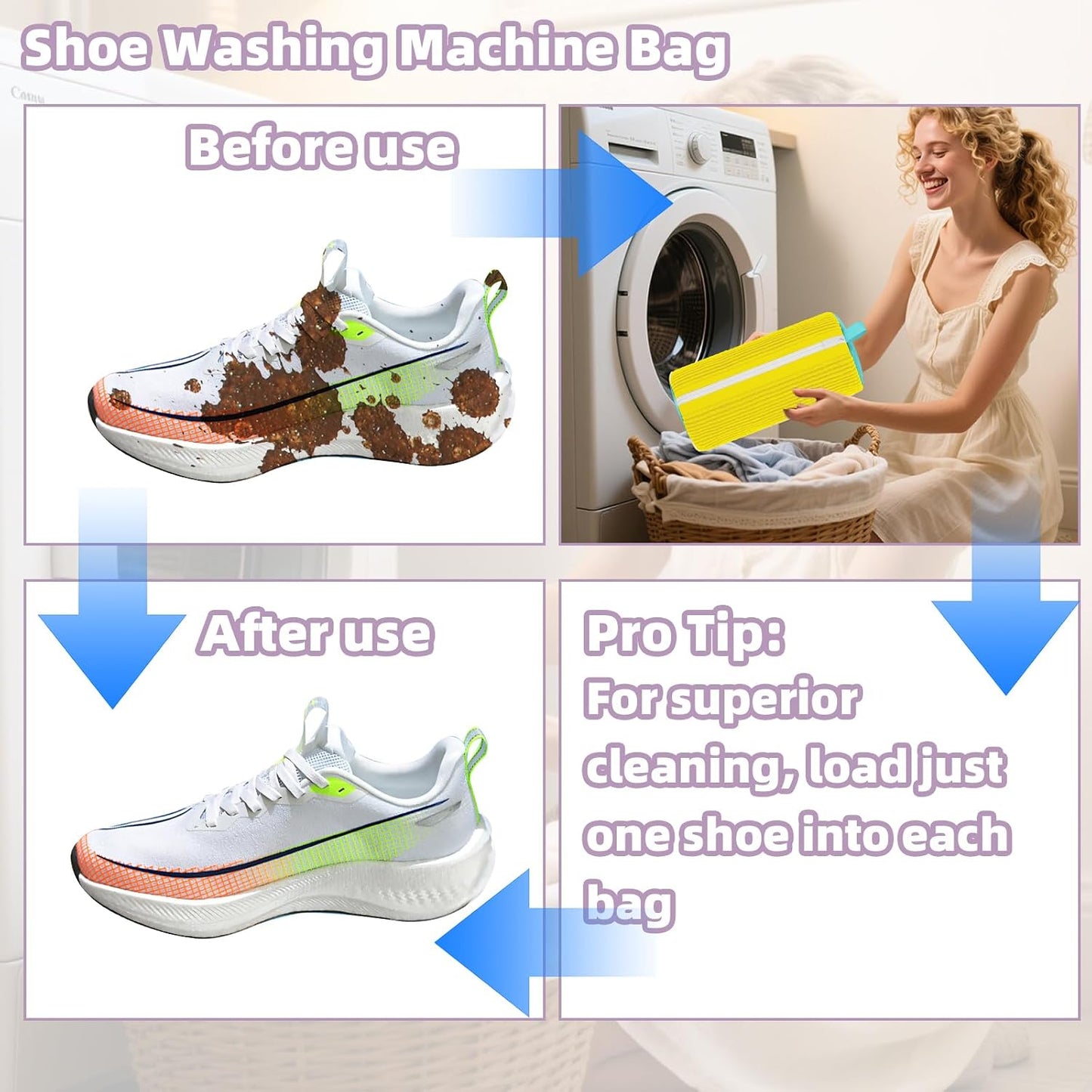 Shoe Washing Machine Bag Shoe Laundry Bags for Sneakers Reusable 2pc Shoes Cleaning Bags 360° Deep Clean for All Shoes Types With Invisible Zipper