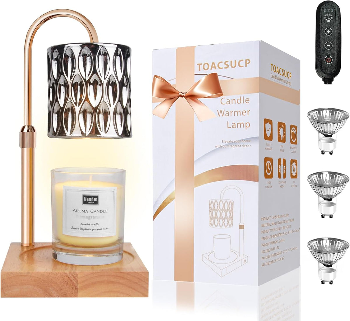 Candle Warmer Lamp with 3 Bulbs, Adjustable Height Dimmable Candle Warmer with Timer, Candle Lamp with Charming Gift Box Ribbon,Birthday Gifts for Women Mom, House Warming Gifts New Home Decor