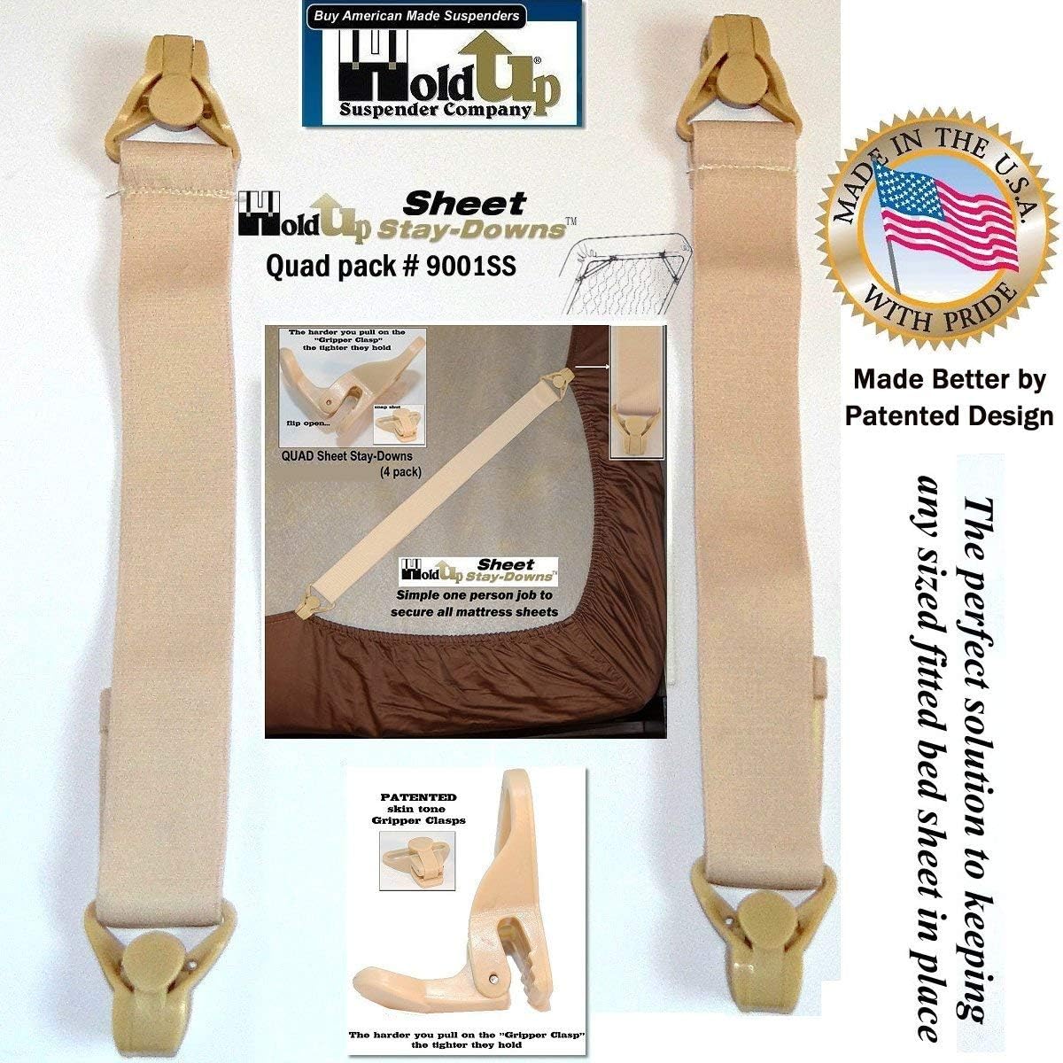 Holdup Bed Sheet Stay-Downs Short Quad USA Patented Plastic Gripper Clasps