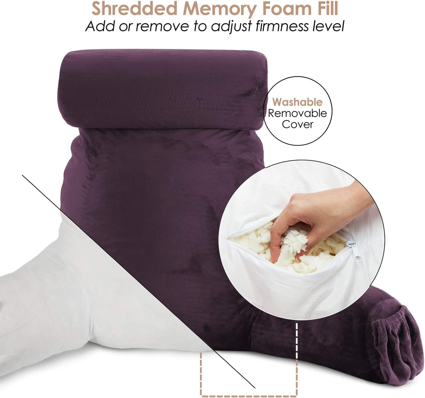 Nestl Reading Pillow with Shredded Memory Foam, Designed for Sitting Up in Bed and Couch, Back and Arms Adjustable Support for Adult & Teens Backrest Pillows for Reading, with Washable Cover Dark Grey