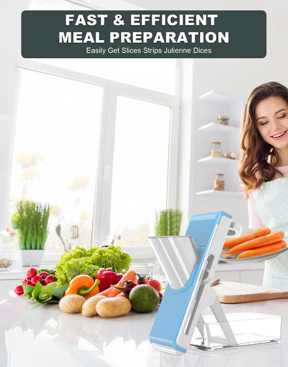 Eletronova Safe Mandoline Slicer for Kitchen, Vegetable Slicer with Container, French Fry Cutter, All in 1 Julienne Slicer for Potato, Thickness Adjustable, Detachable Blade (Green)