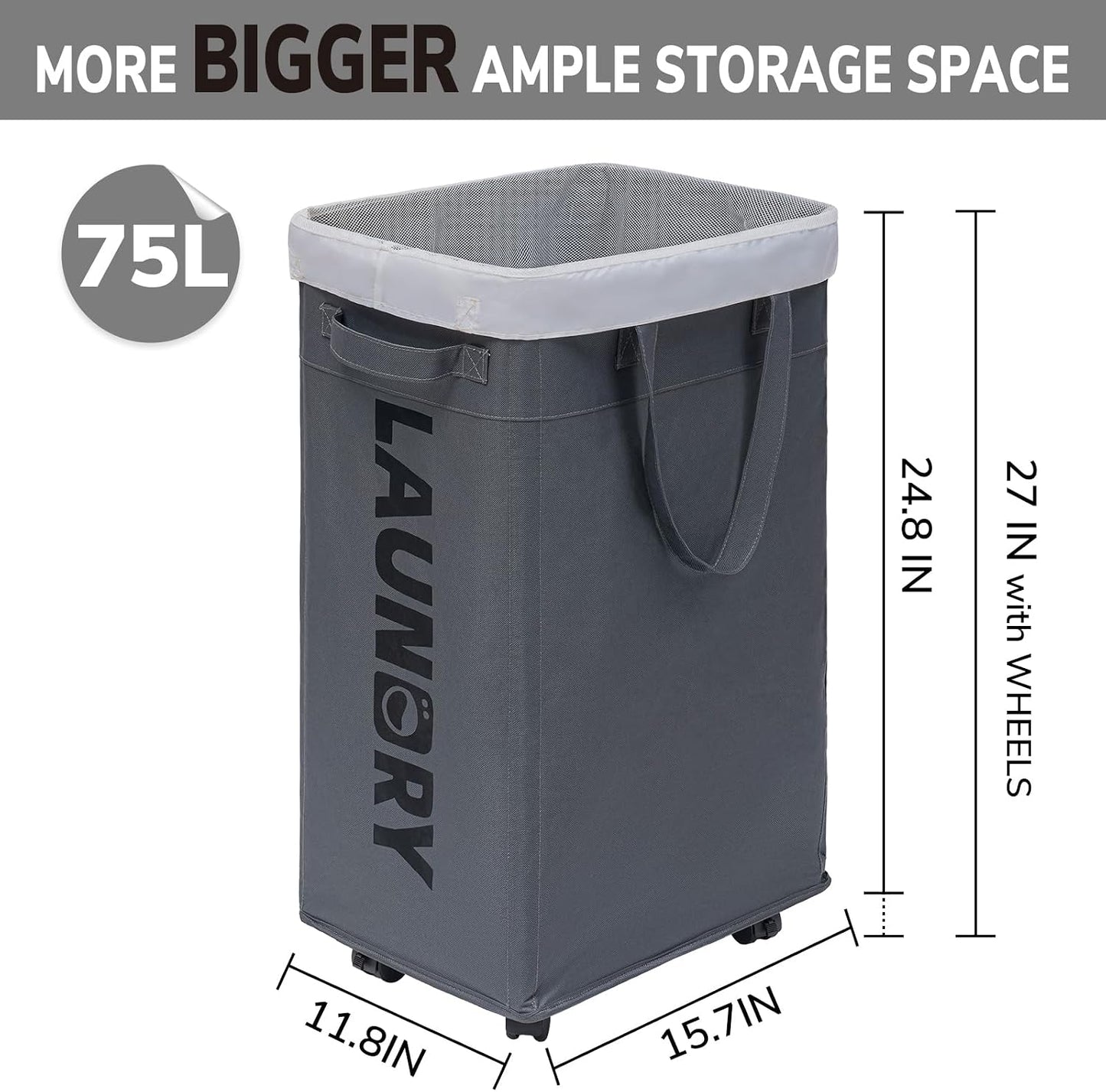 Goodpick 75L Laundry Basket with Wheels & Removable Wash Bag for Dorm | Rolling Laundry Basket with Handles for Dirty Clothes, Fodable Hamper for Laundry Room, Dorm Room Essentials, Grey
