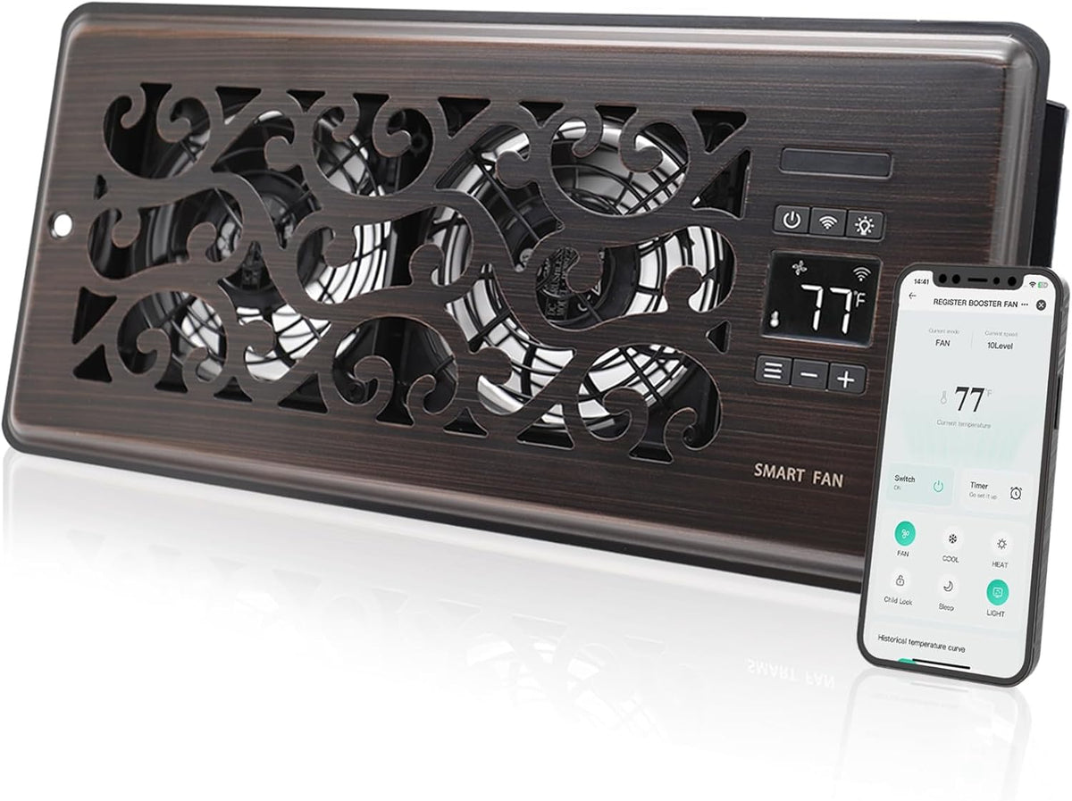 Howeall 4" x 10" Super Quiet Register Booster Fan - Upgrade Smart Register Vent with Ionizer and Dual Intelligent Thermostat Control - Heating Cooling Vent Fan Booster - Charleston Design (ORB)