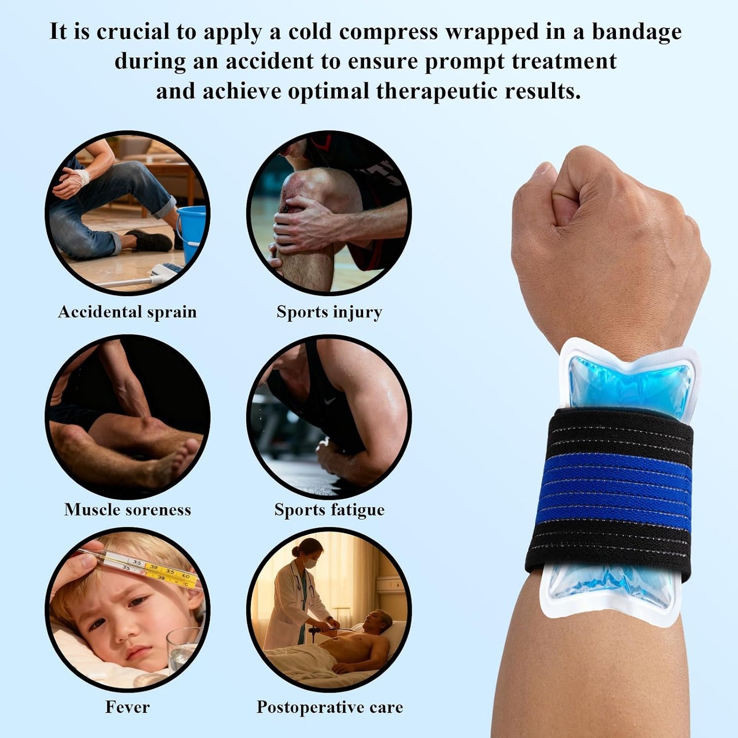 4-Pack Ice Pack Strap,Stretchable- 35.5"x3" Adjustable Hook and Loop Elastic Holder & Resuable Extender Belt for Secure Ice Pack Wrap, Blue