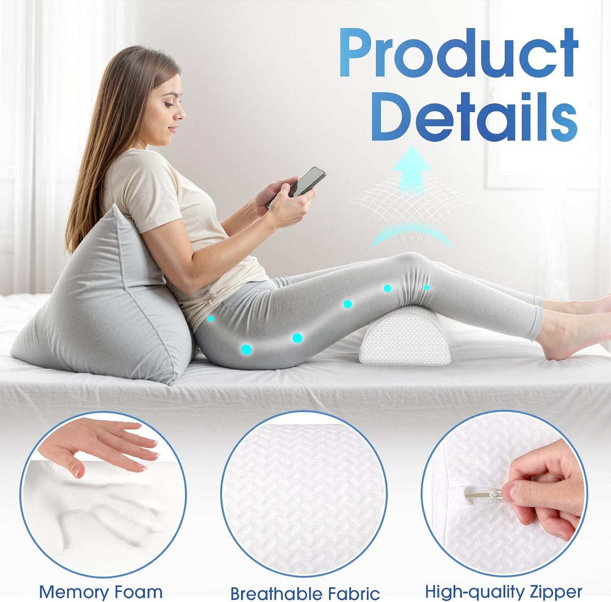 Knee Pillow for Back Sleeping Memory Foam Half Moon Bolster Pillow for Legs