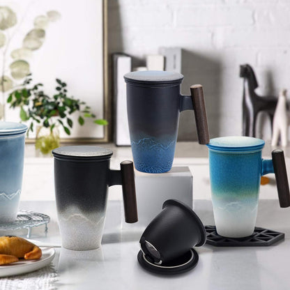 suyika Ceramic Tea Cup with Infuser and Lid Tea Mugs Wooden Handle 400ml/13.5oz Dark Green