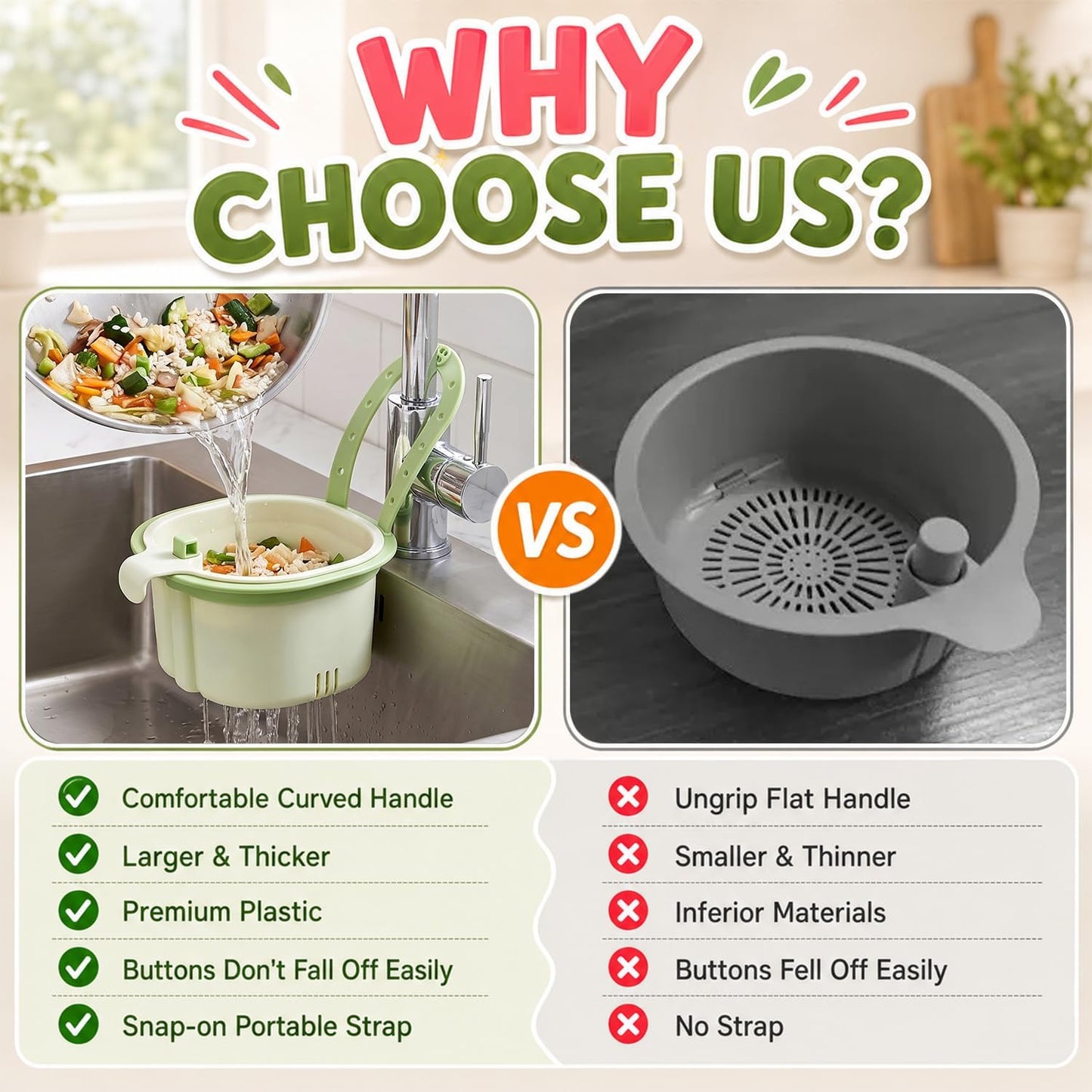 Sink Filter Basket, Kitchen Sink Strainer Basket with Self-Cleaning & One-Touch Press, Hanging Sink Drain Basket for Draining, Washing, Storage, 5.7x5.1x3.5 Inches (Green)