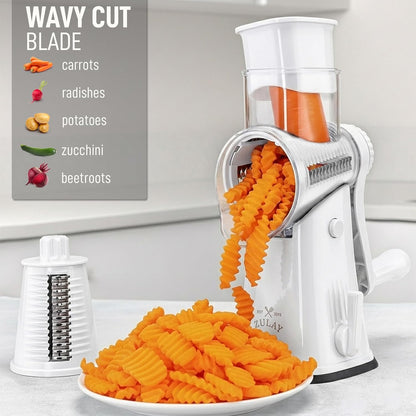 Zulay Kitchen Rotary Cheese Grater 5 Blade Cheese Shredder - Manual Hand Crank Cheese Grater With Reinforced Suction & 5 Interchangeable Drums - Easy to Use, Vegetable Chopper Round Mandoline Slicer - Colors A