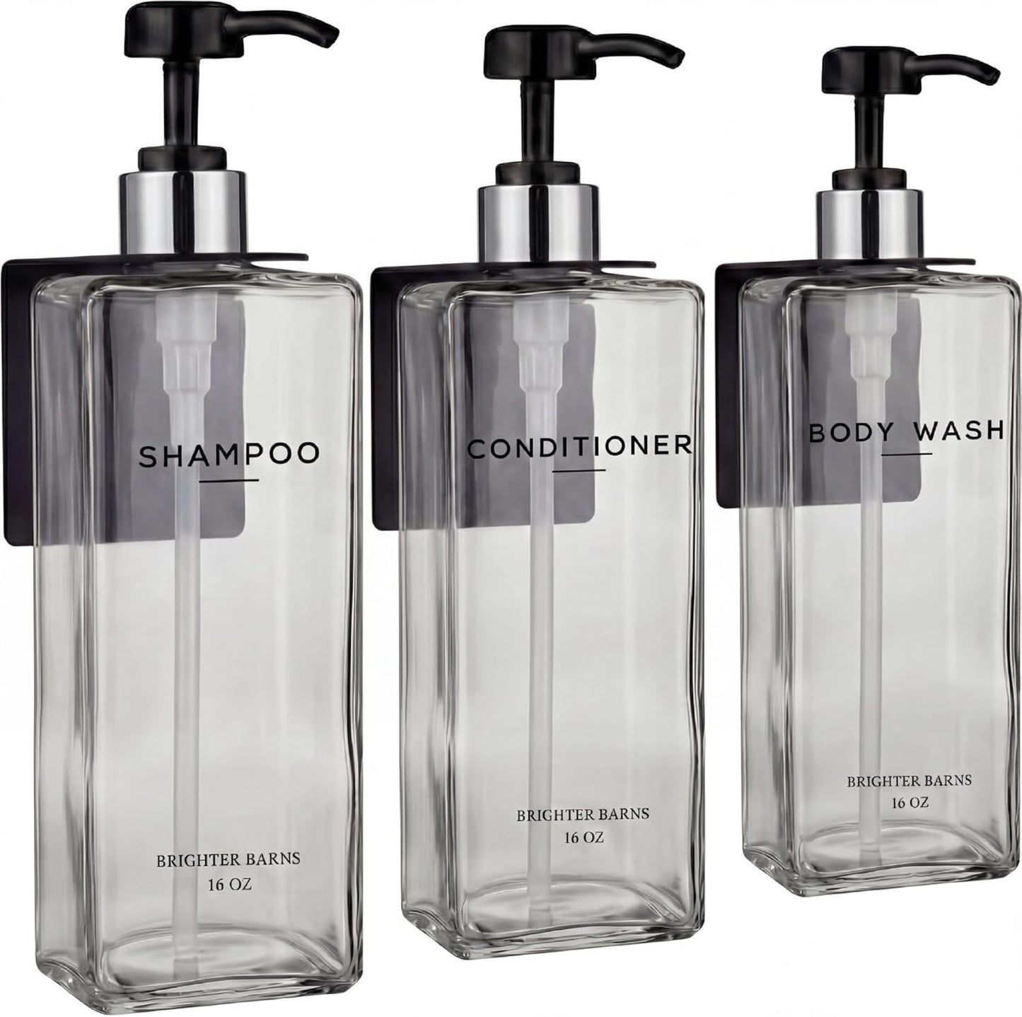 Clear Shampoo and Conditioner Dispenser Set Wall Mounted by Brighter Barns - Refillable Shower Soap Dispensers 3 Chamber No Drill - Plastic Shampoo, Body Wash and Conditioner Bottle for Hotels (Clear)