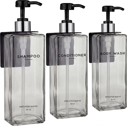 Clear Shampoo and Conditioner Dispenser Set Wall Mounted by Brighter Barns - Refillable Shower Soap Dispensers 3 Chamber No Drill - Plastic Shampoo, Body Wash and Conditioner Bottle for Hotels (Clear)