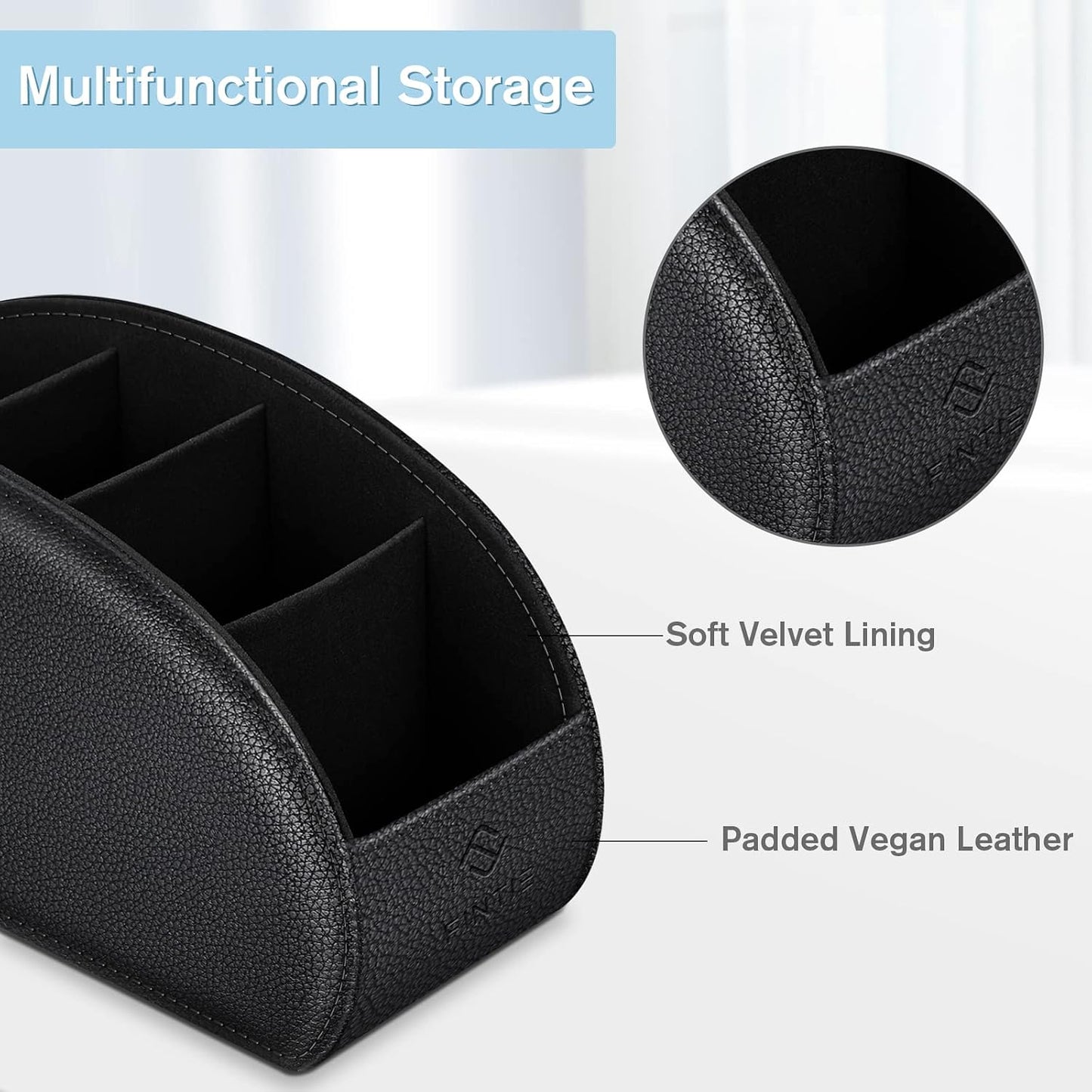 FINTIE Remote Control Holder with 6 Compartments Vegan Leather | TV Remoter Caddy Desktop Makeup Brush Holder Storage, Fits TV Remotes, Media Controllers, Office Supplies, Black
