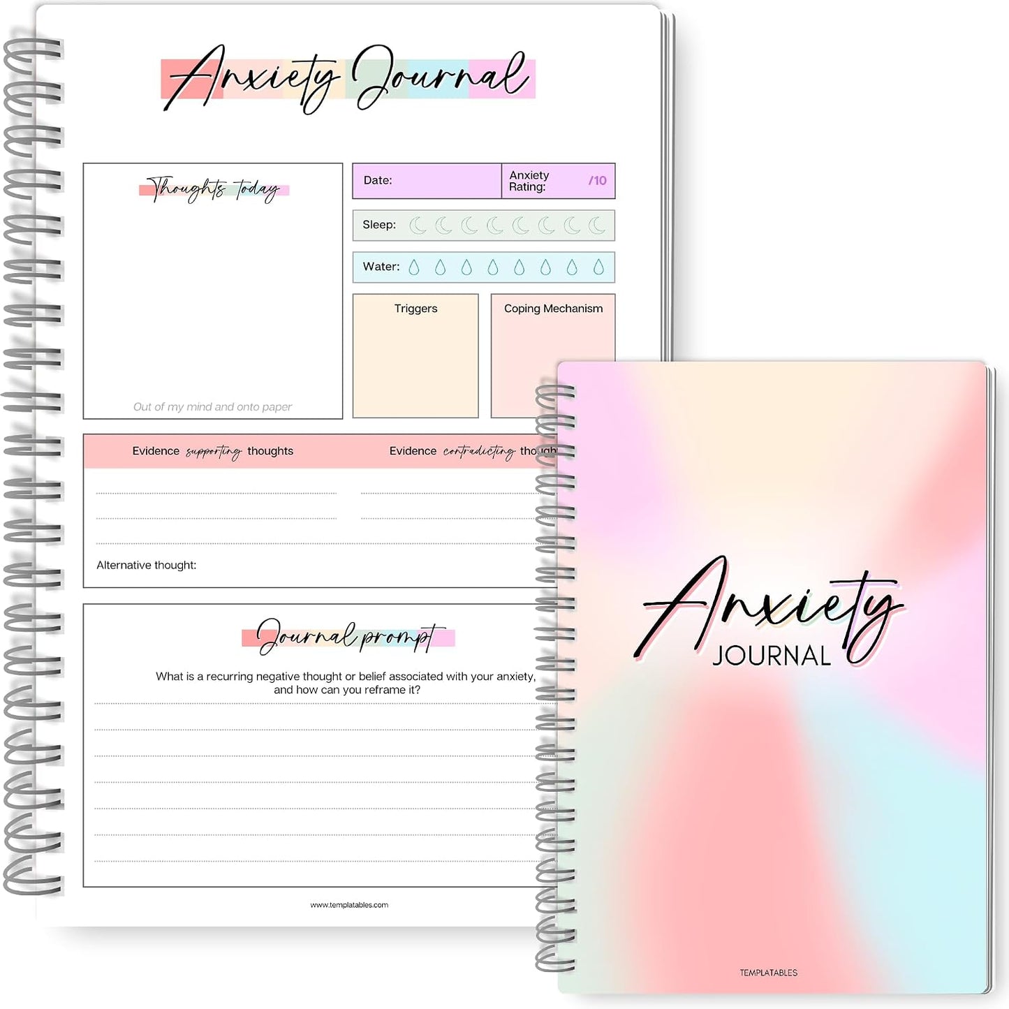 Templatables Anxiety Journal for Adults – CBT Therapy Workbook with Guided Prompts, Trigger Tracker, Sleep & Hydration Logs | Undated A5 Mental Health Notebook for Anxiety Relief & Stress Management