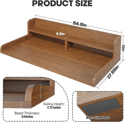 2-Tier Washer Dryer Countertop with 2.75" H Edge Rails, 54" W x 27.55" D Laundry Countertop for Folding Clothes, Washer and Dryer Topper with Non-Slip Pad (Dark Walnut)