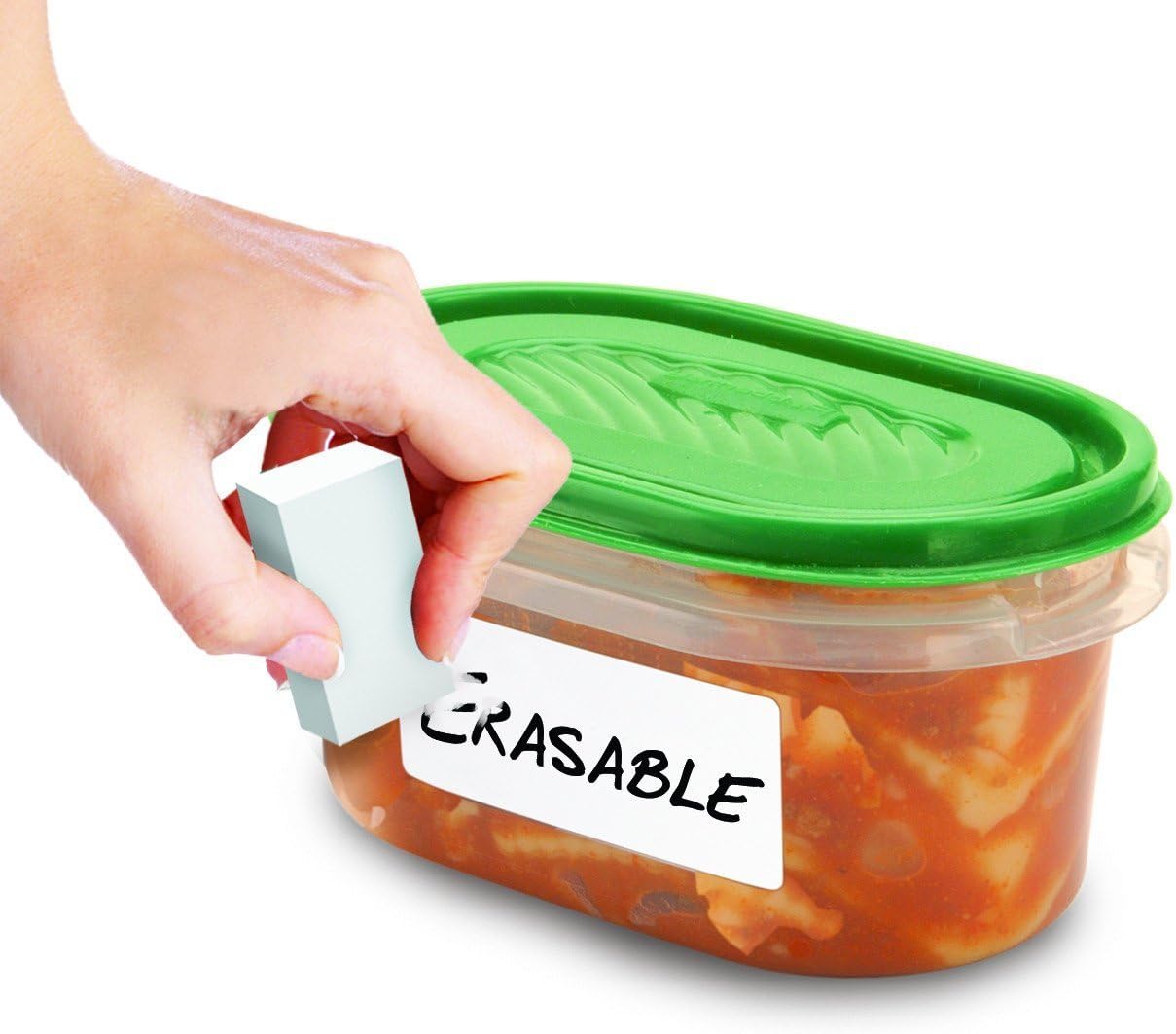 Jokari Label Once Erasable Food Labels with Marker and Eraser Reusable | Kitchen Storage Freezer Dishwasher, Microwave Safe 70 Pack, Includes Marker and Eraser, Labels for Any Task