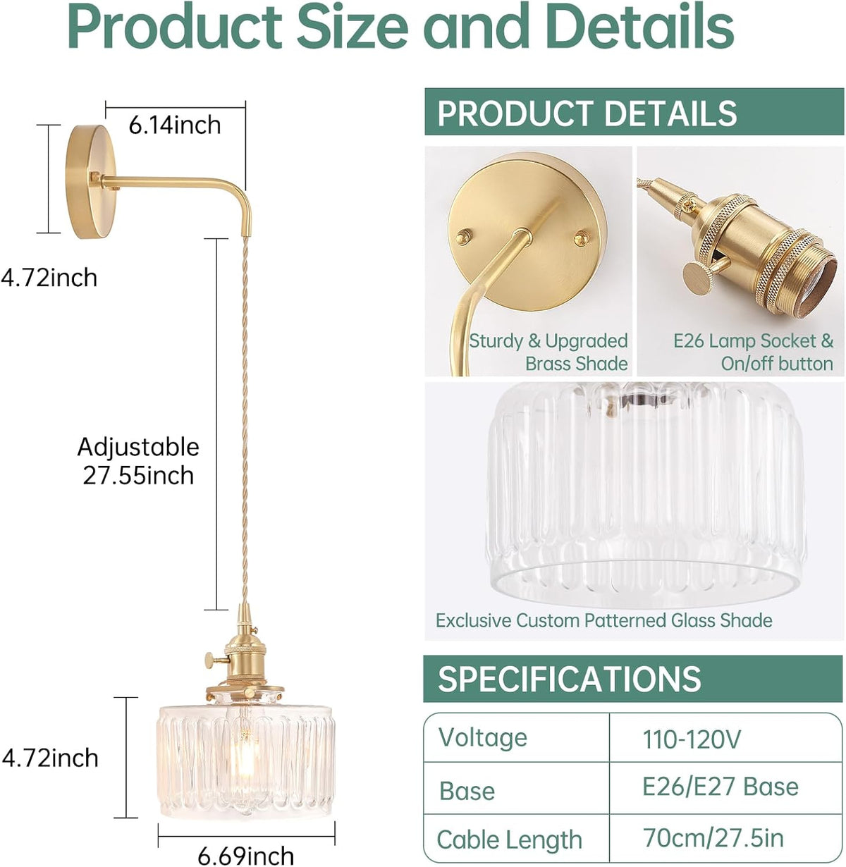 Shenmoyl Battery Operated Wall Sconce with Green Striped Shade Pattern Glass Adjustable Chain Retro Gold Wall Mounted Light, Modern Wall Lamp Fixtures Decor for Bedside Bedroom Indoor Doorway