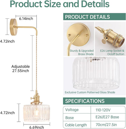 Shenmoyl Battery Operated Wall Sconce with Green Striped Shade Pattern Glass Adjustable Chain Retro Gold Wall Mounted Light, Modern Wall Lamp Fixtures Decor for Bedside Bedroom Indoor Doorway