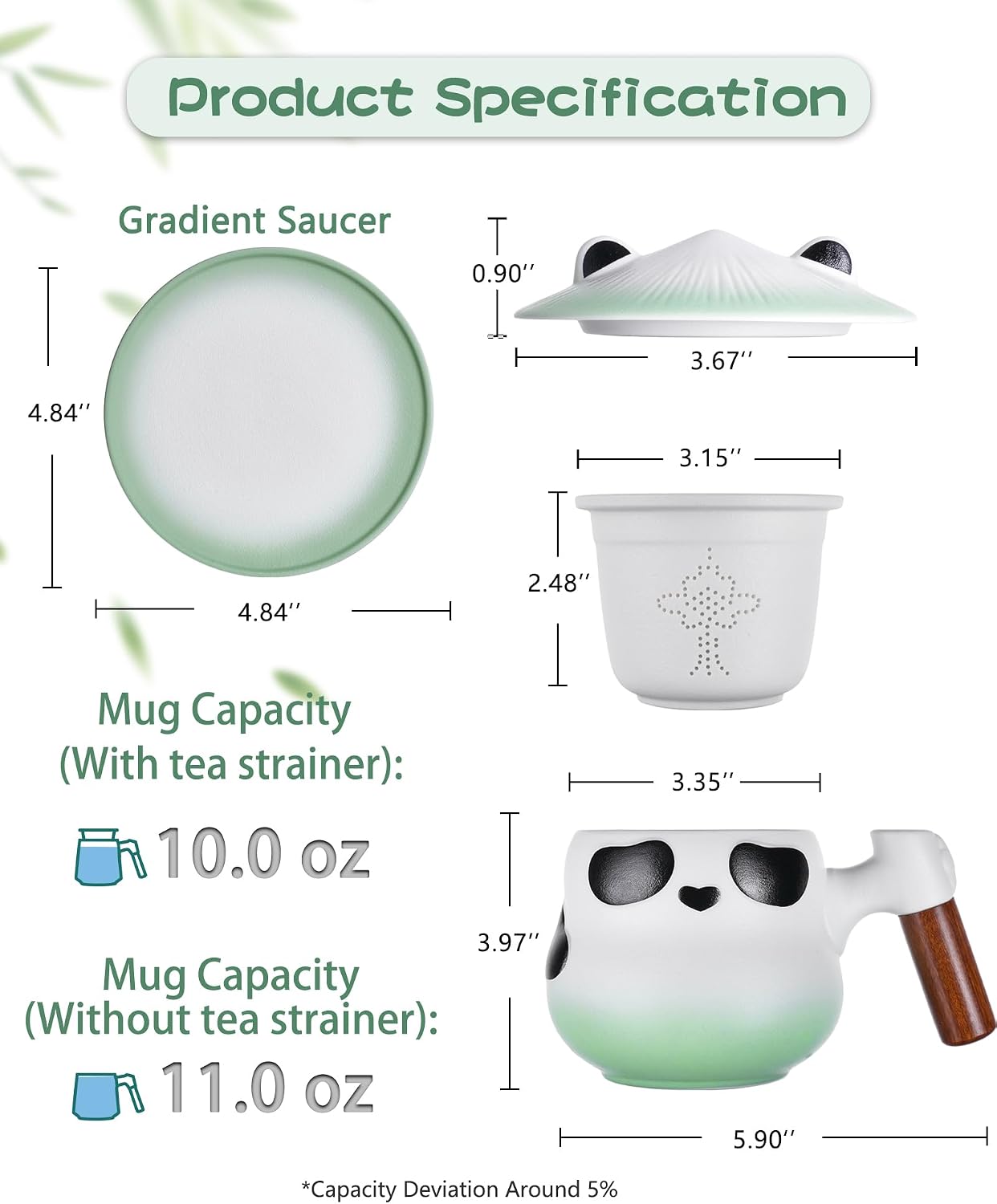 ZENS Tea Infuser Mug with Lid for Loose Leaf Tea Steeper, 11oz Panda | Embossed Ceramic Tea Infuser Mug with Fine Strainer for Herbal Tea Lovers Gifts, Nature Wood Handle