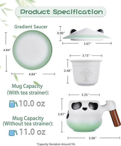 ZENS Tea Infuser Mug with Lid for Loose Leaf Tea Steeper, 11oz Panda | Embossed Ceramic Tea Infuser Mug with Fine Strainer for Herbal Tea Lovers Gifts, Nature Wood Handle