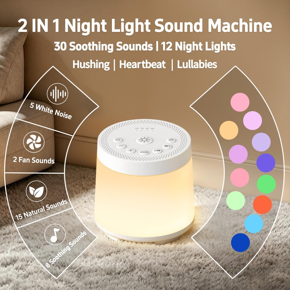 Rechargeable Nursery Night Light Sound White Noise Machine for Baby Kids Adults with Hushing Sounds 30 Sleeping Sounds 12 Colors Night Light 4 Timers Memory Function for Home Breastfeeding Camping