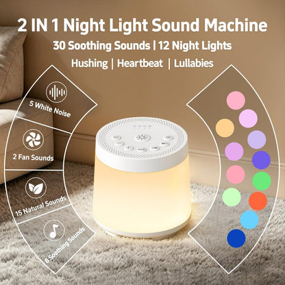 Rechargeable Nursery Night Light Sound White Noise Machine for Baby Kids Adults with Hushing Sounds 30 Sleeping Sounds 12 Colors Night Light 4 Timers Memory Function for Home Breastfeeding Camping