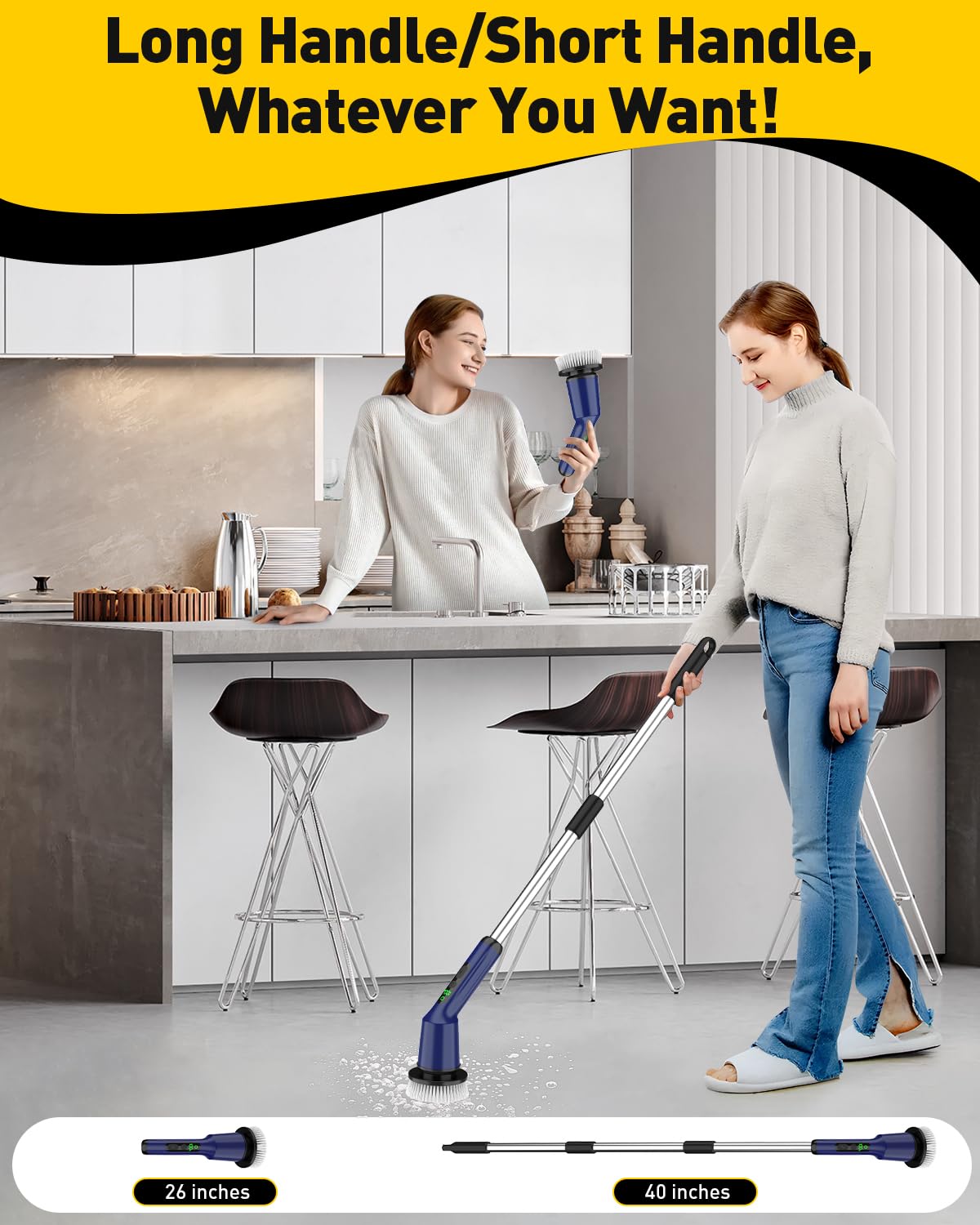 Electric Spin Scrubber for Bathroom, Shower Scrubber with Long Handle | Shower Cleaner Brushes, IPX7 Waterproof & 2 Speed, 3 Brush Heads, 90min Runtime, Bathroom Cleaning Supplies for Toilet Tub