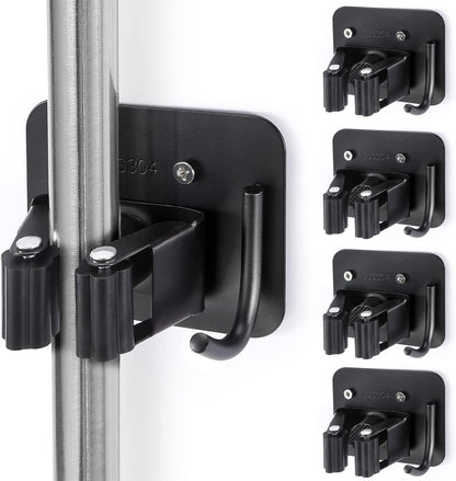 Stainless Steel Broom Holder, Heavy Duty, Rust Resistant, 4 Gripper Positions with 4 Hooks, Black | Drill-Mounted Gripper Rack Holds Brooms, Mops and Garden Tools Safely in the Laundry Room, Kitchen, Garage, Garden and Shed