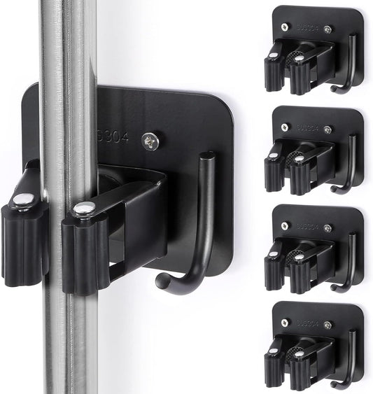 Stainless Steel Broom Holder, Heavy Duty, Rust Resistant, 4 Gripper Positions with 4 Hooks, Black | Drill-Mounted Gripper Rack Holds Brooms, Mops and Garden Tools Safely in the Laundry Room, Kitchen, Garage, Garden and Shed