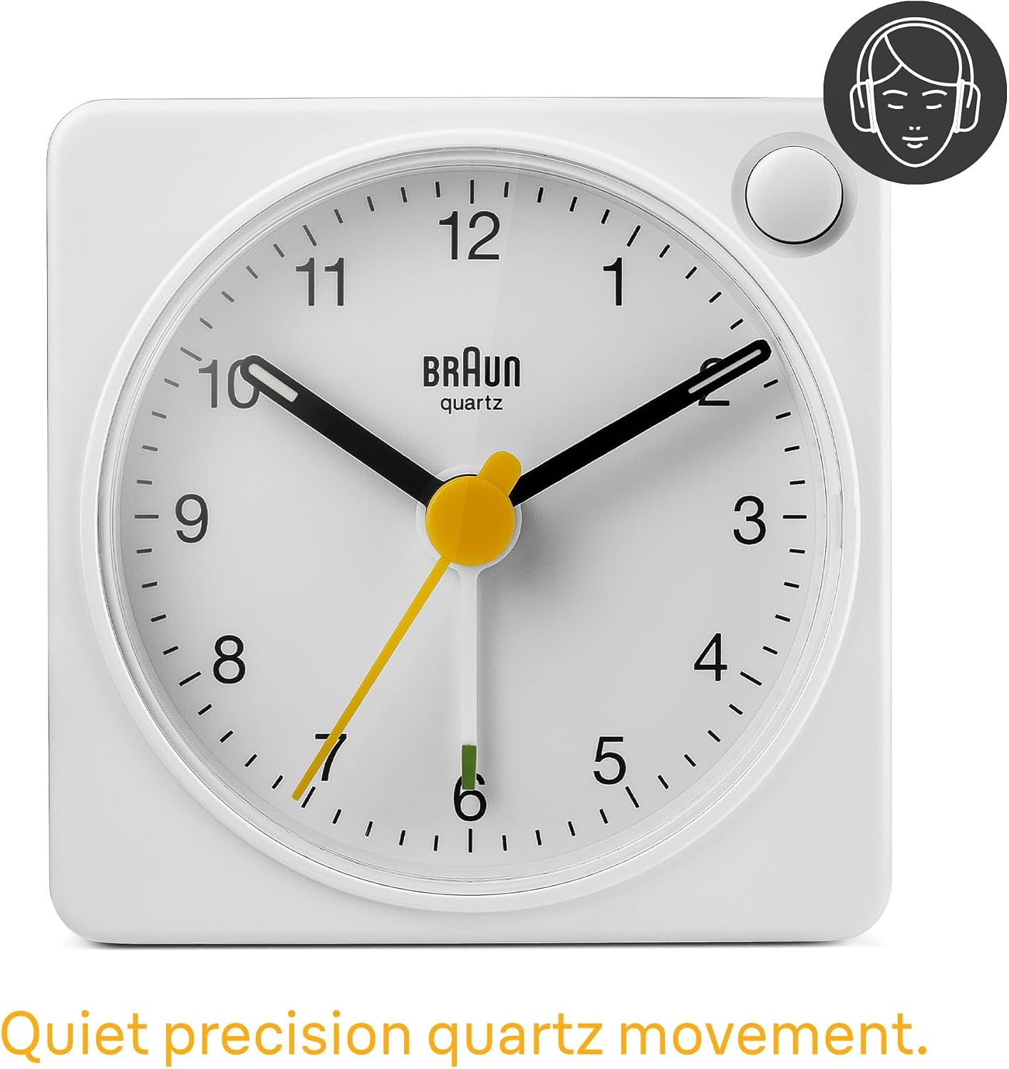 Braun Classic Travel Analogue Alarm Clock with Snooze and Light, Compact Size, Quiet Quartz Movement, Crescendo Beep Alarm in White, Model BC02XW.
