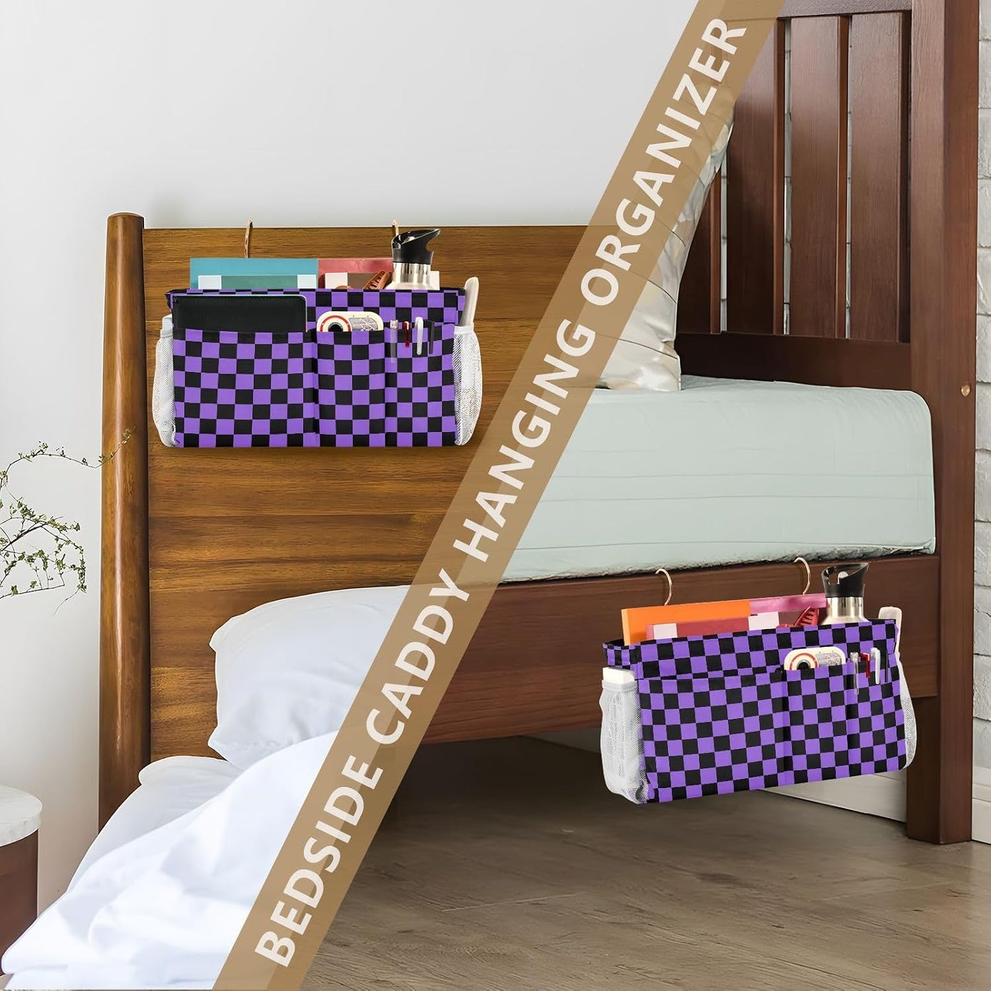 Black Bedside Caddy Storage Bag Bedside Organizer for Bed Rails College Dorm Room Organizer Caddy Hanging Shelf 6 Pockets with Hooks for Drinks Magazine Phone Holder
