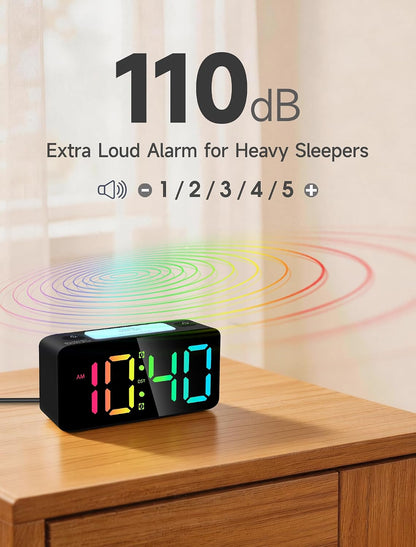 Cadmos 110dB Extra Loud Alarm Clock for Heavy Sleepers Adults, Digital Clock with 7 Color Night Light, RGB Display, Dual USB Charger, Small Clocks for Bedrooms, Kids, Teens (White+RGB)