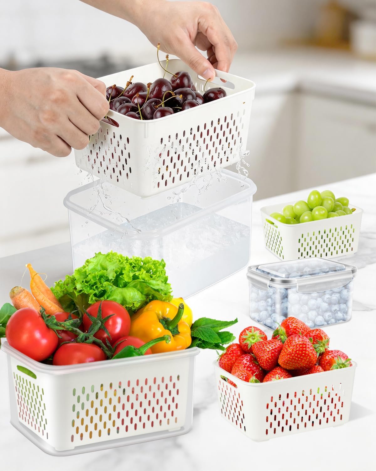 5 Pack Fruit Storage Containers for Fridge Berry Keeper Produce Saver | Leak-proof Food Container Set with Colander Veggie Keep Fresh BPA Free Plastic Refrigerator Organizer Freezer Dishwasher Safe