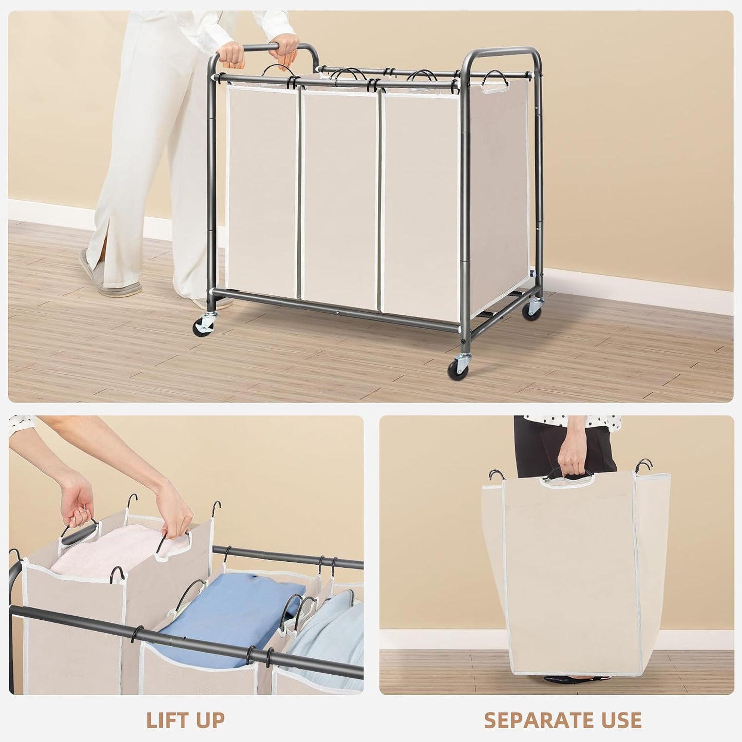 STORAGE MANIAC 3 Section Laundry Sorter, 35.6 Gal (135 L) Laundry Hamper Cart with Heavy Duty Rolling Lockable Wheels and Removable Bags, Clothes Organizer Basket Separator Hamper, Gray