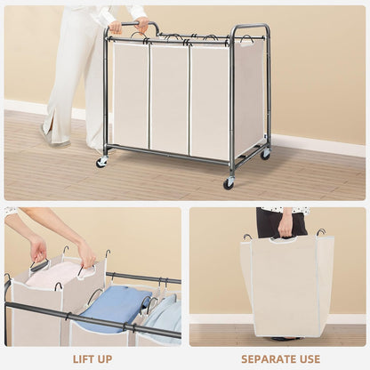 STORAGE MANIAC 3 Section Laundry Sorter, 35.6 Gal (135 L) Laundry Hamper Cart with Heavy Duty Rolling Lockable Wheels and Removable Bags, Clothes Organizer Basket Separator Hamper, Gray