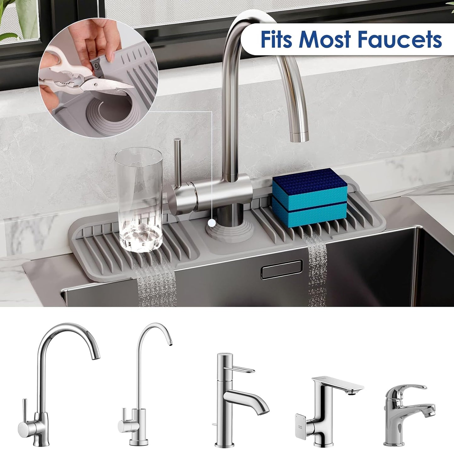 24-Inch Silicone Faucet Mat for Kitchen Sink Splash Guard, 7° Slope | 24"x5.5" water draining mat with fasten button; 1.6-2.75" customizable hole for bathroom, RV & kitchen sink drip catcher.