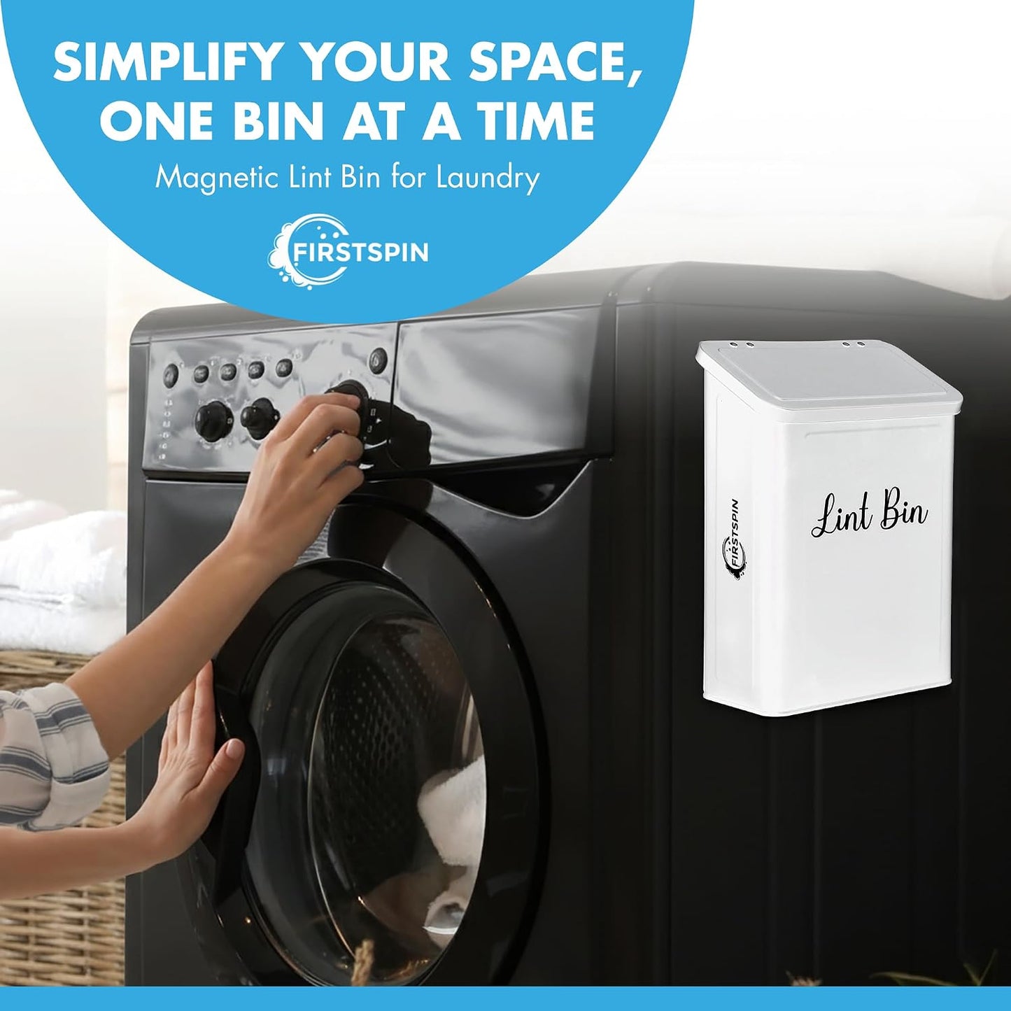 Magnetic Lint Bin for Laundry Room – Black Metal Lint Holder with Lid – Wall Mount & Magnetic Trash Can – Modern Farmhouse Style for Laundry Room Organization and Storage
