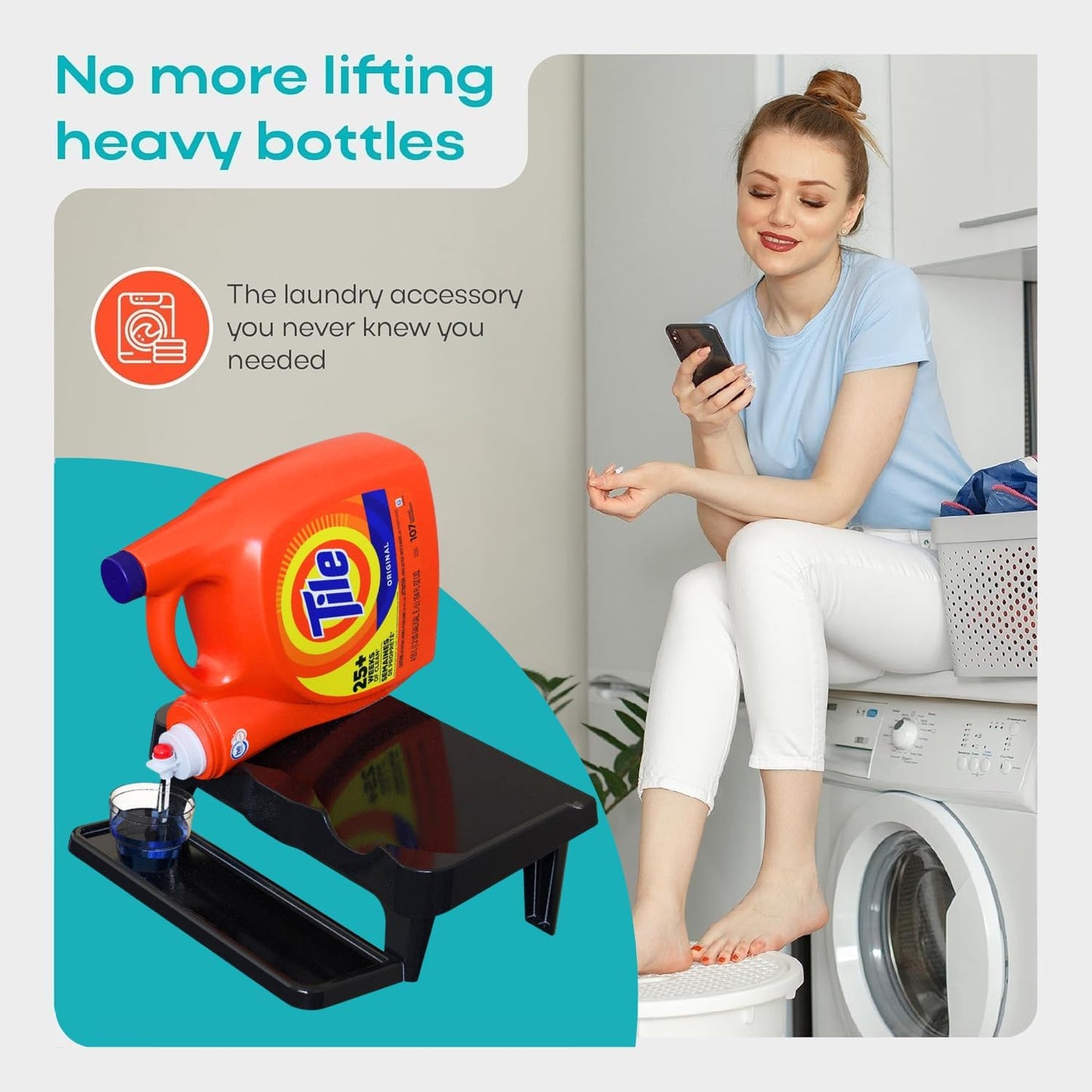 Skywin Laundry Detergent Holder Shelf for Laundry Room - 1 Pack - White | Holds 2 Bottles, Easy Pouring, Rubber Feet, Angled Stand, Fabric Softener Dispenser for Laundry Room Organization & Storage