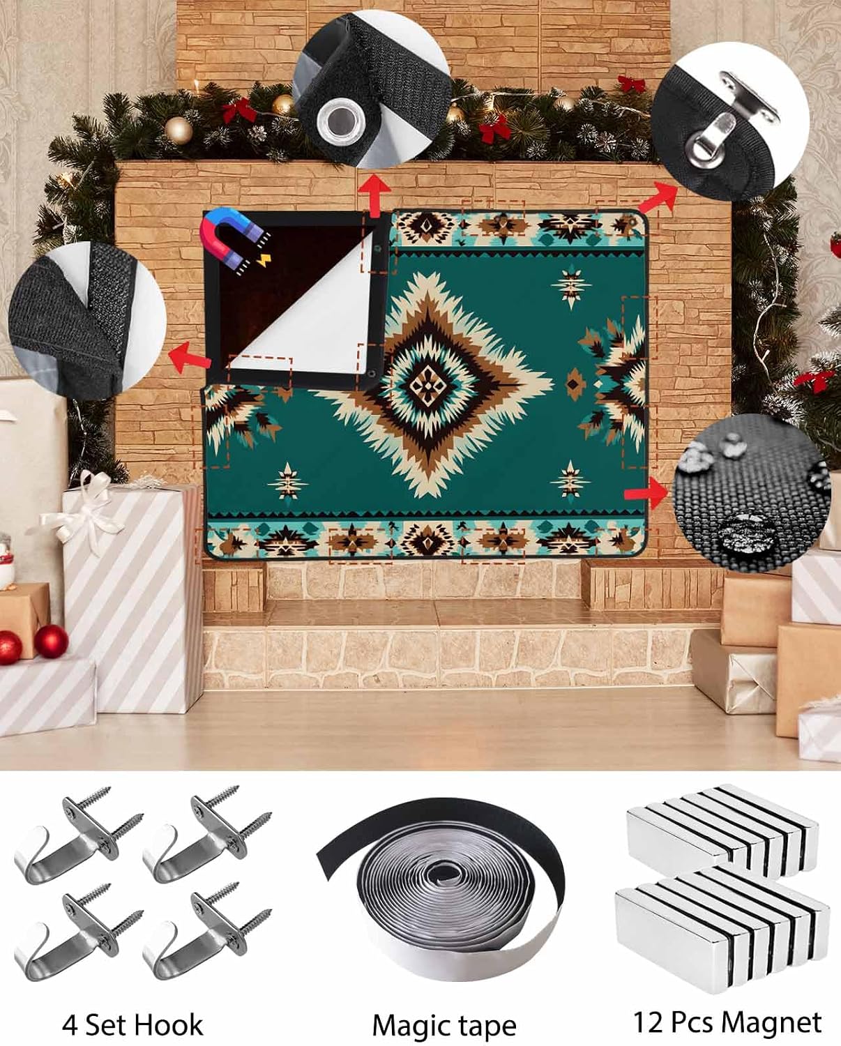 Western Aztec Magnetic Fireplace Cover Decorative Indoor For Brick Fireplace, Rustic Tribal Southwestern Boho Ethnic Insulation Fireplace Blocker Blanket Draft Stop Hot Heat Save Energy, 36"Wx27"H